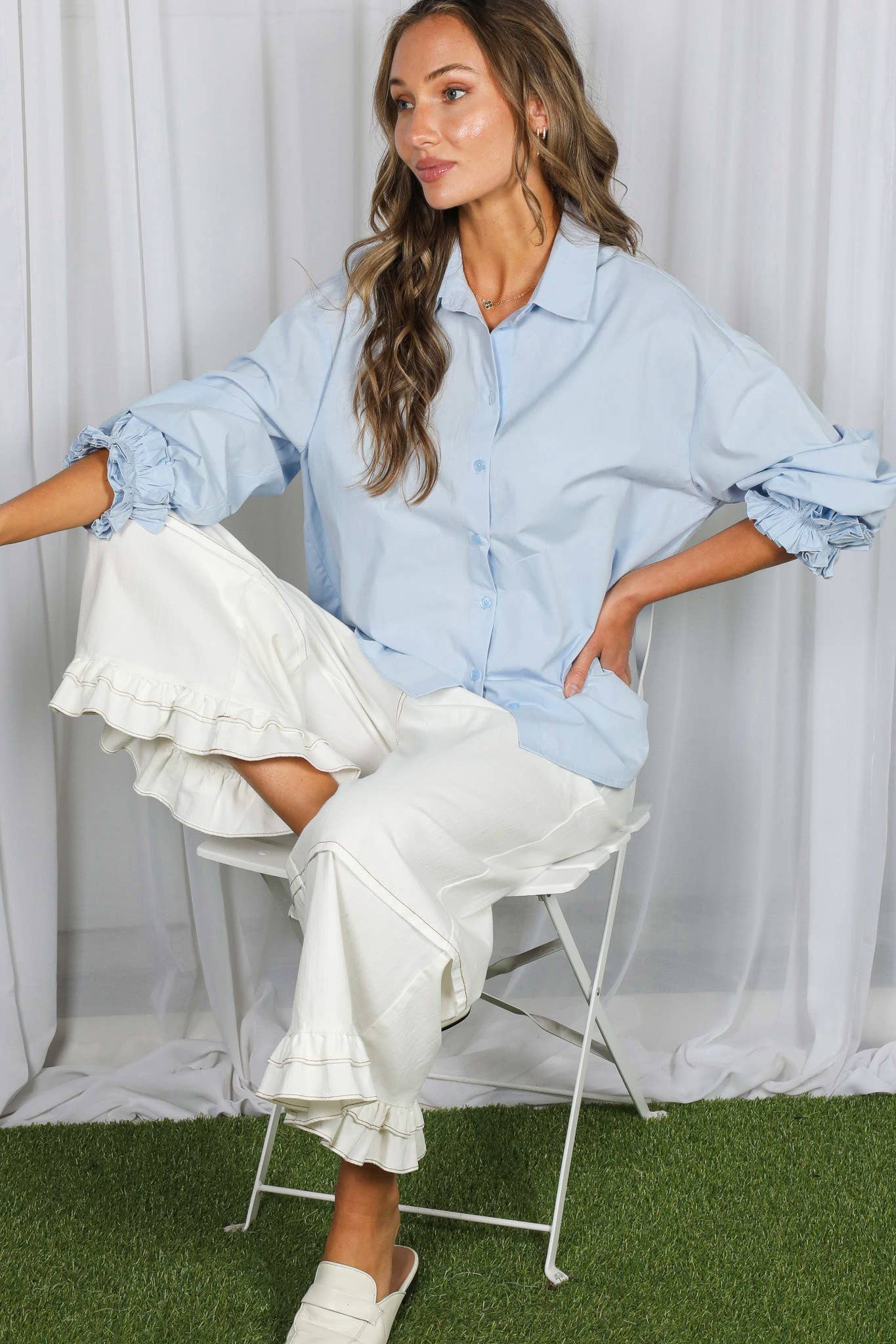 Ruffled Cuffs Accent Oversized 100%Cotton Shirt Top VT83256 Vine & Love