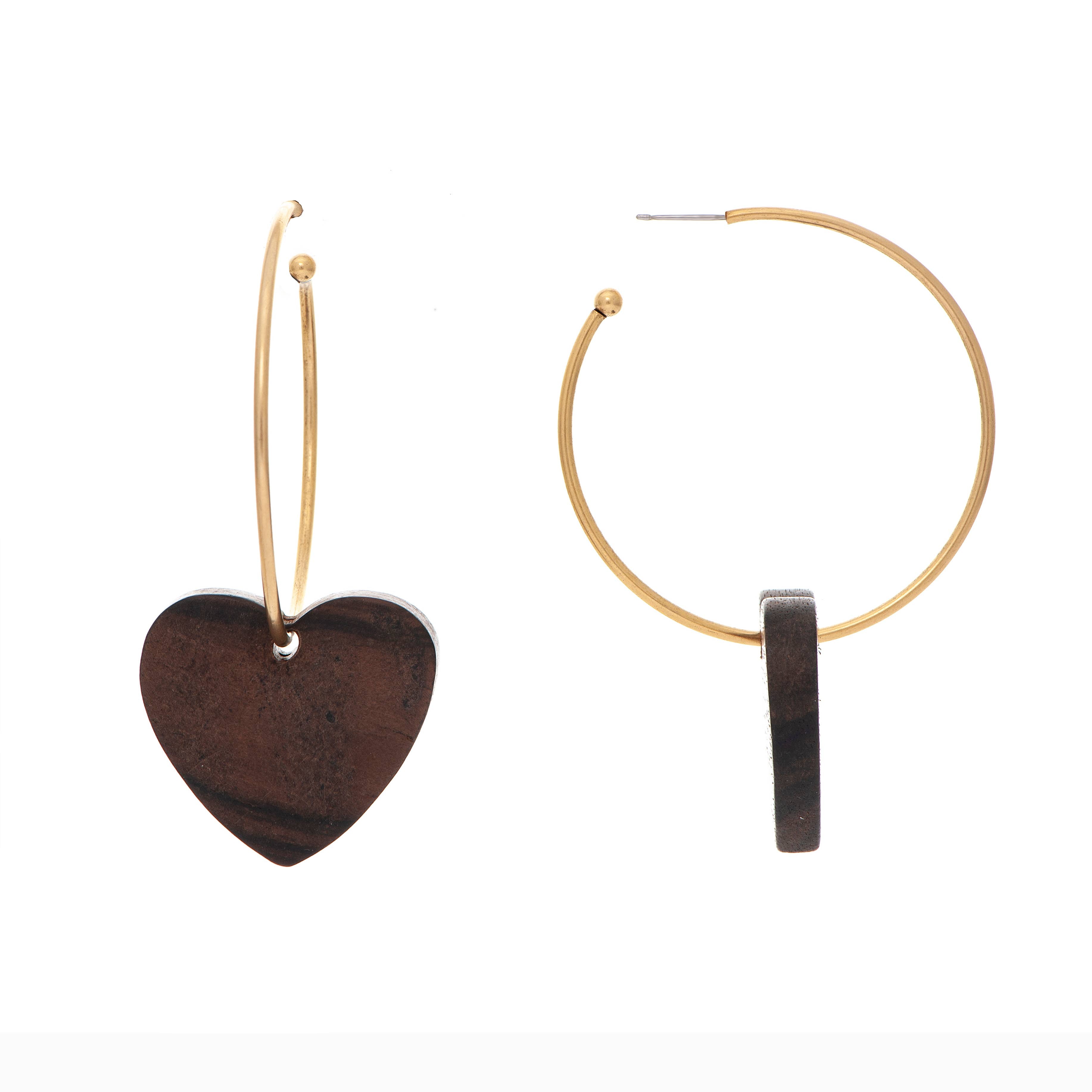 Gold hoop earrings with wooden heart