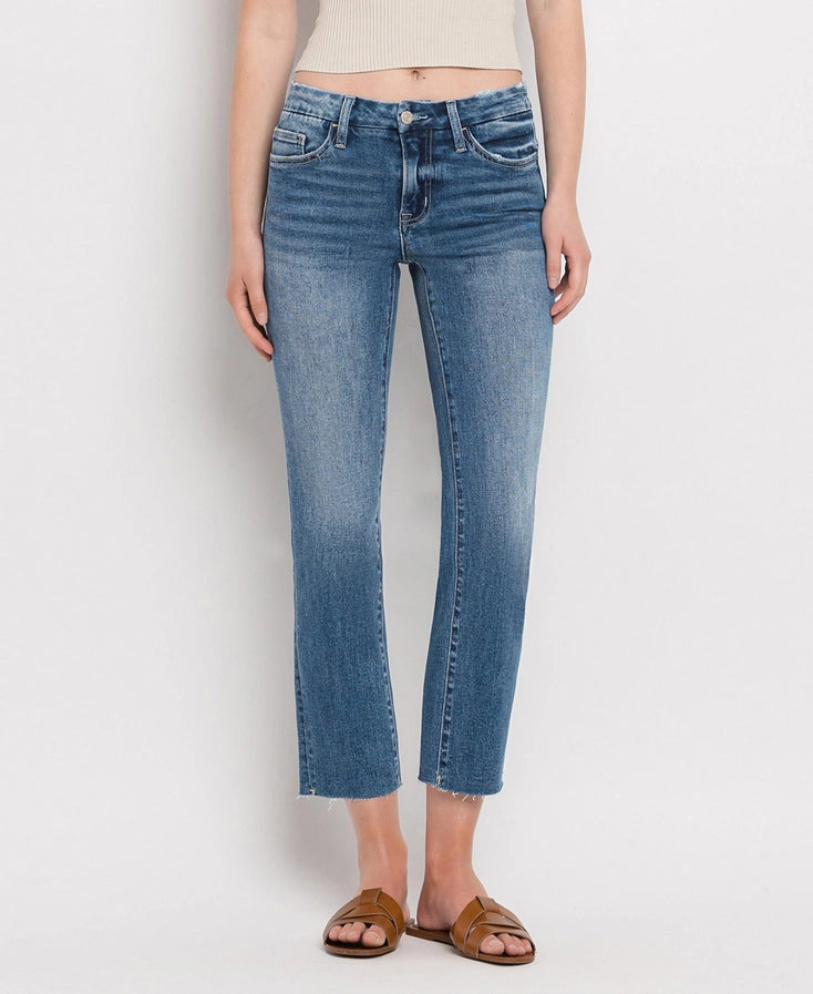 Mid rise waist slim straight jeans