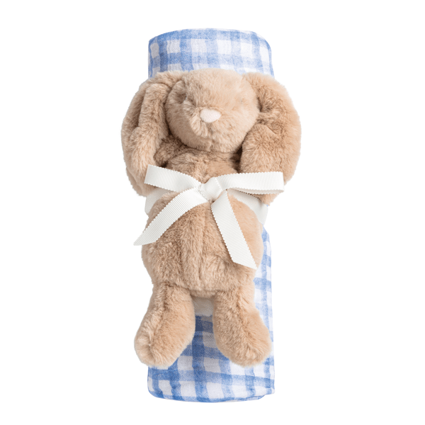 Blue Check Swaddle & Bunny Rattle Set