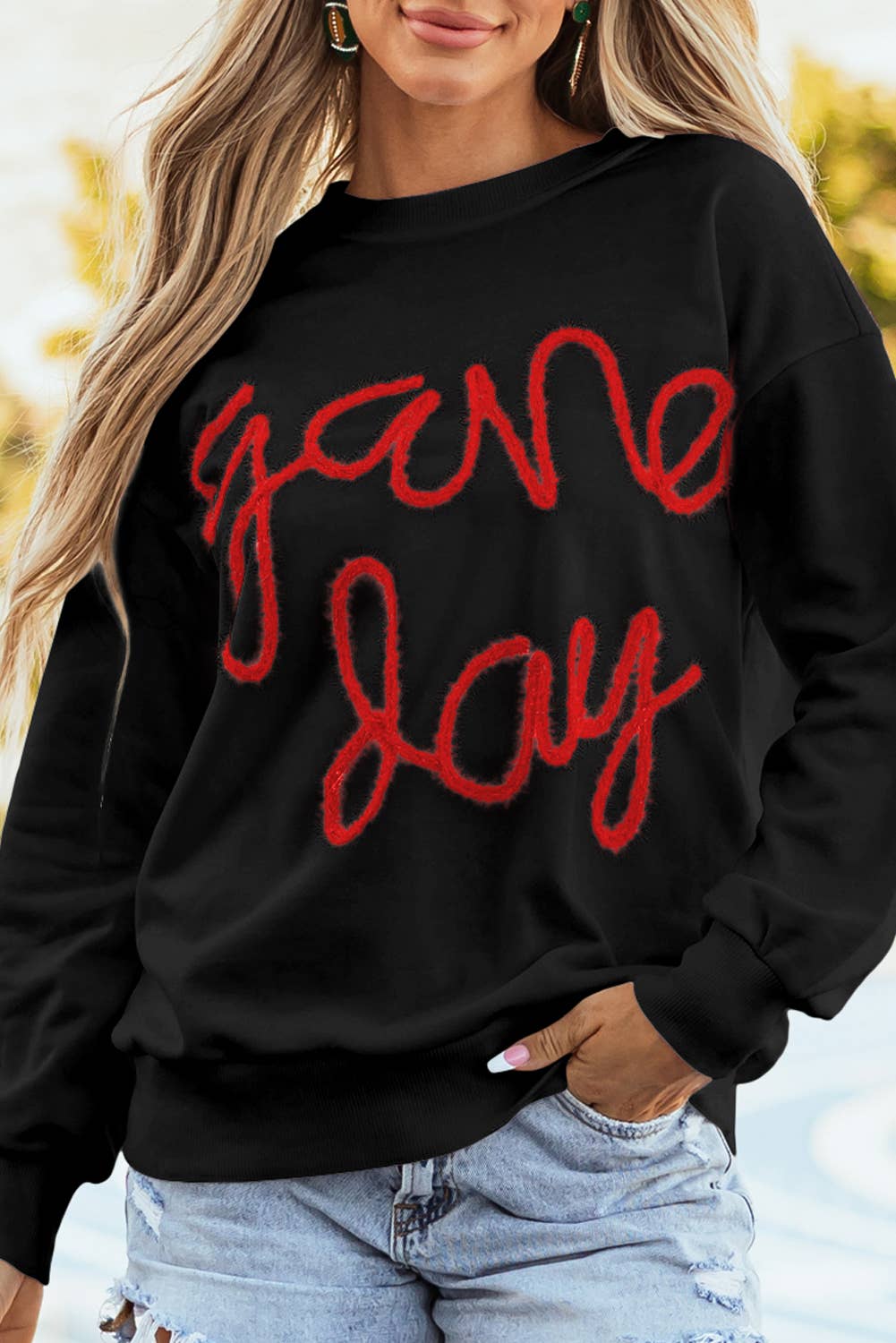 Black Fall Clothing Game Day Drop Shoulder Graphic Sweatshirt