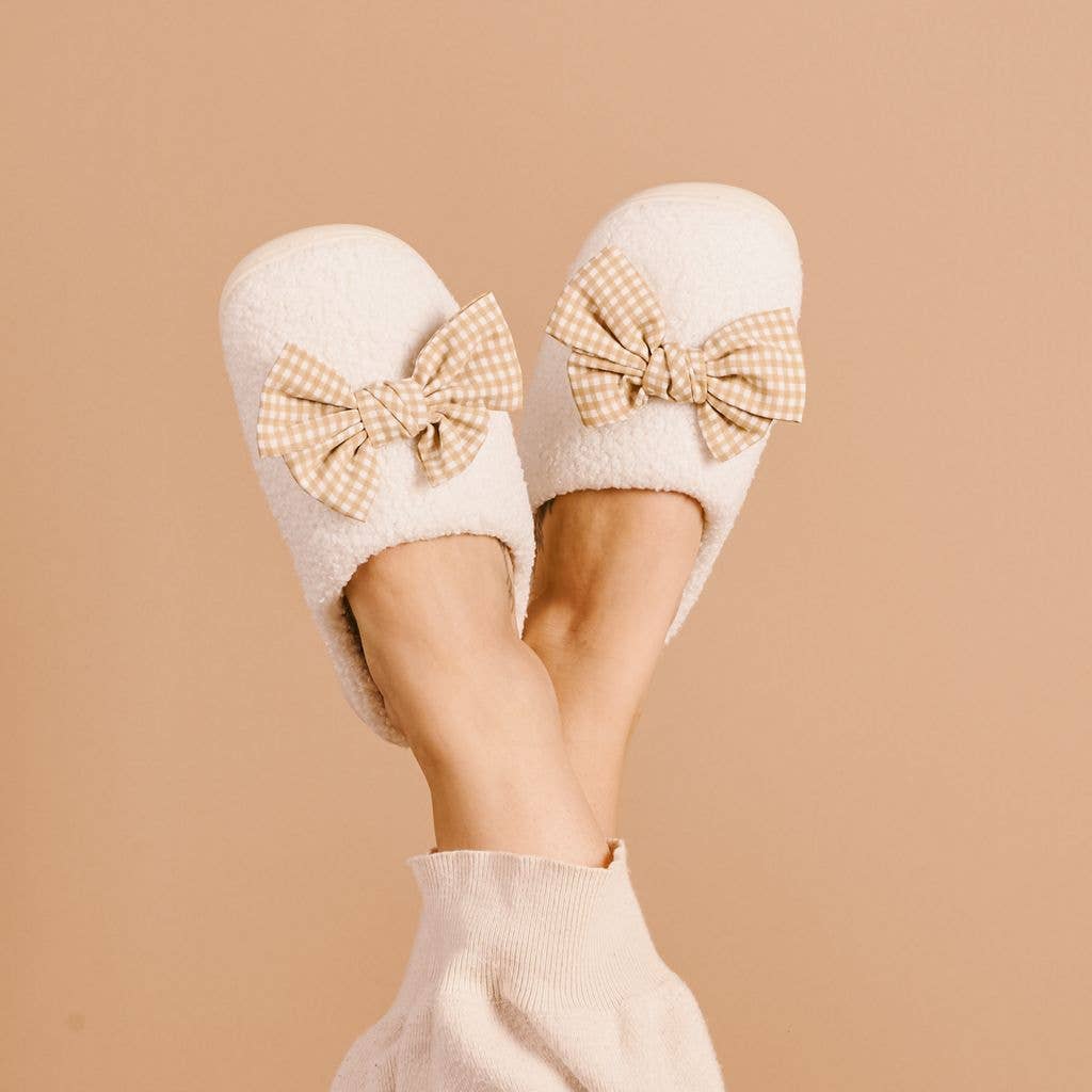 Beige gingham bow slippers