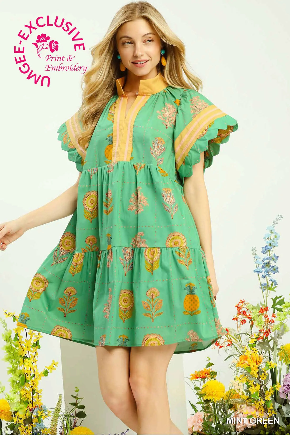 Mint Blooms Scallop Tiered Dress Umgee