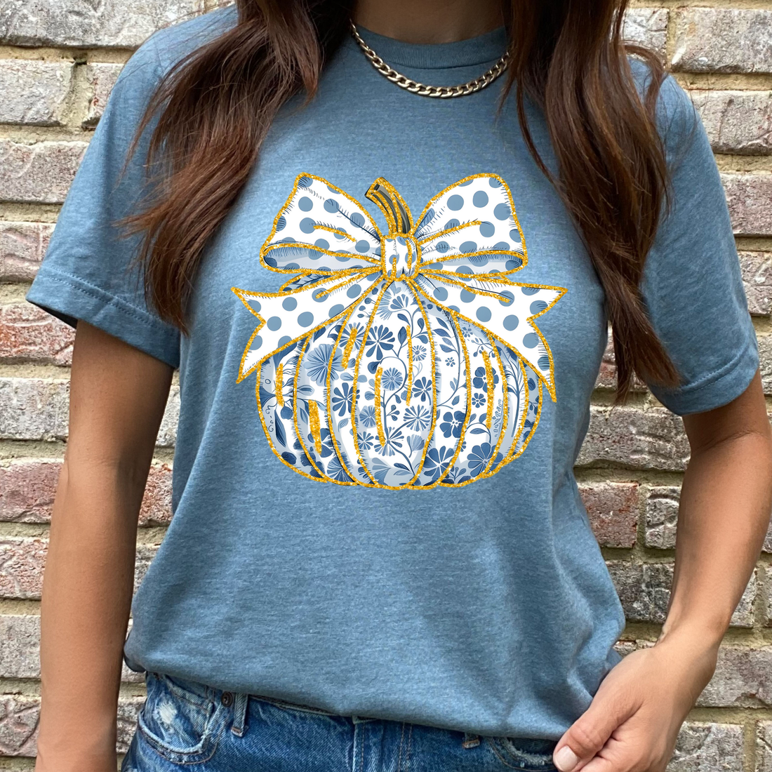 Blue and White Floral Pumpkin Graphic Tee Dixie Grace Mercantile