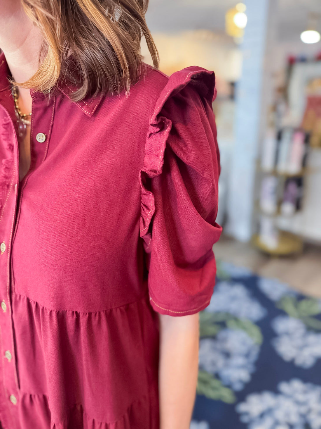 Crimson Ruffle Linen Dress gigio