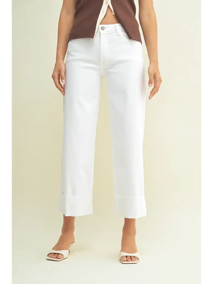 White scissor cut cuffed wide leg jeans