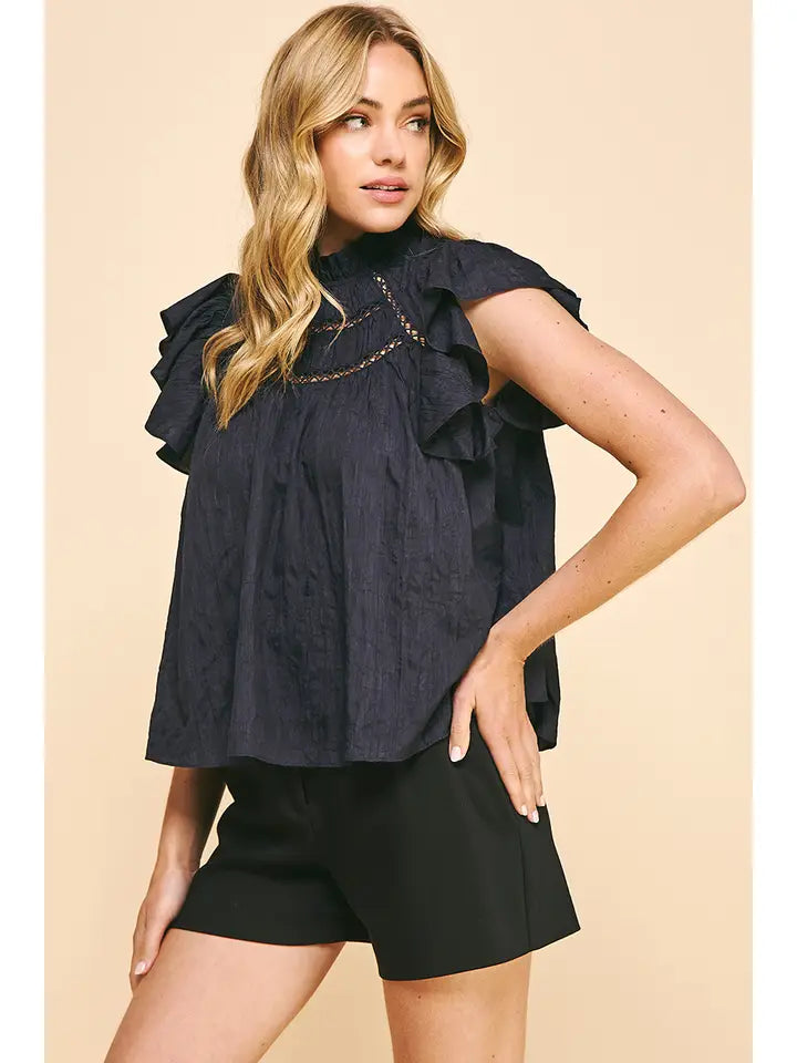 Paige Crinkled Woven Top - Deep Navy