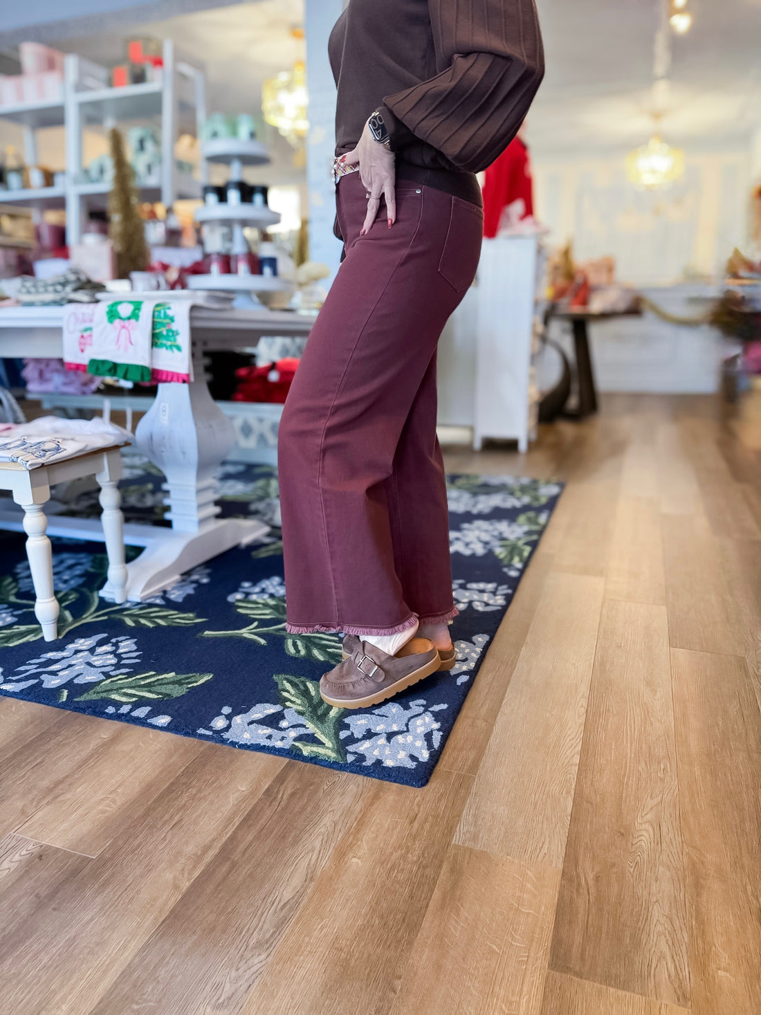 Vintage Wine Fray Hem Twill Pants Threads of Grace