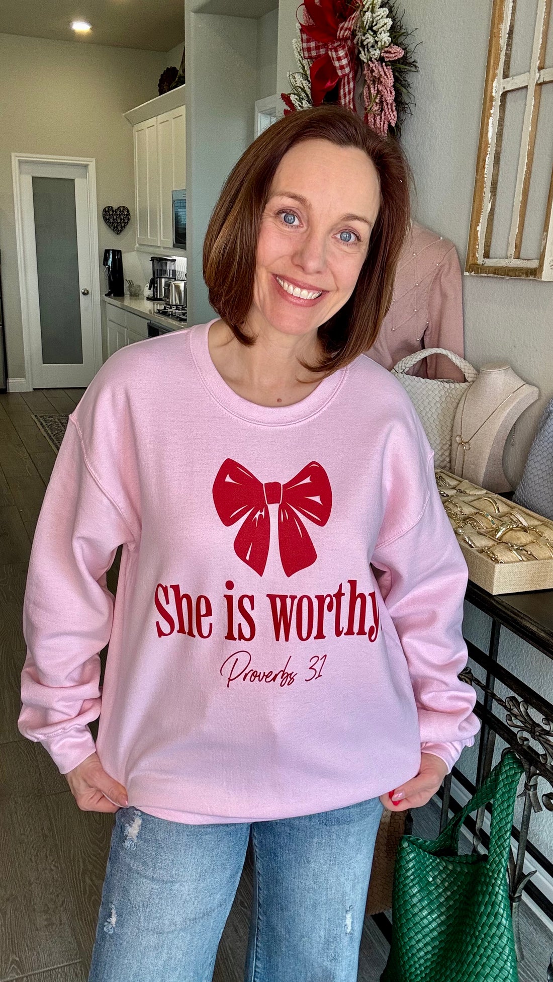She Is Worthy Sweatshirt Threads of Grace