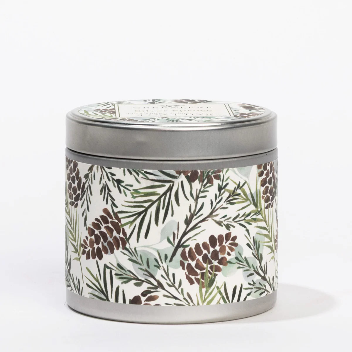 Silver spruce scented holiday tin candle