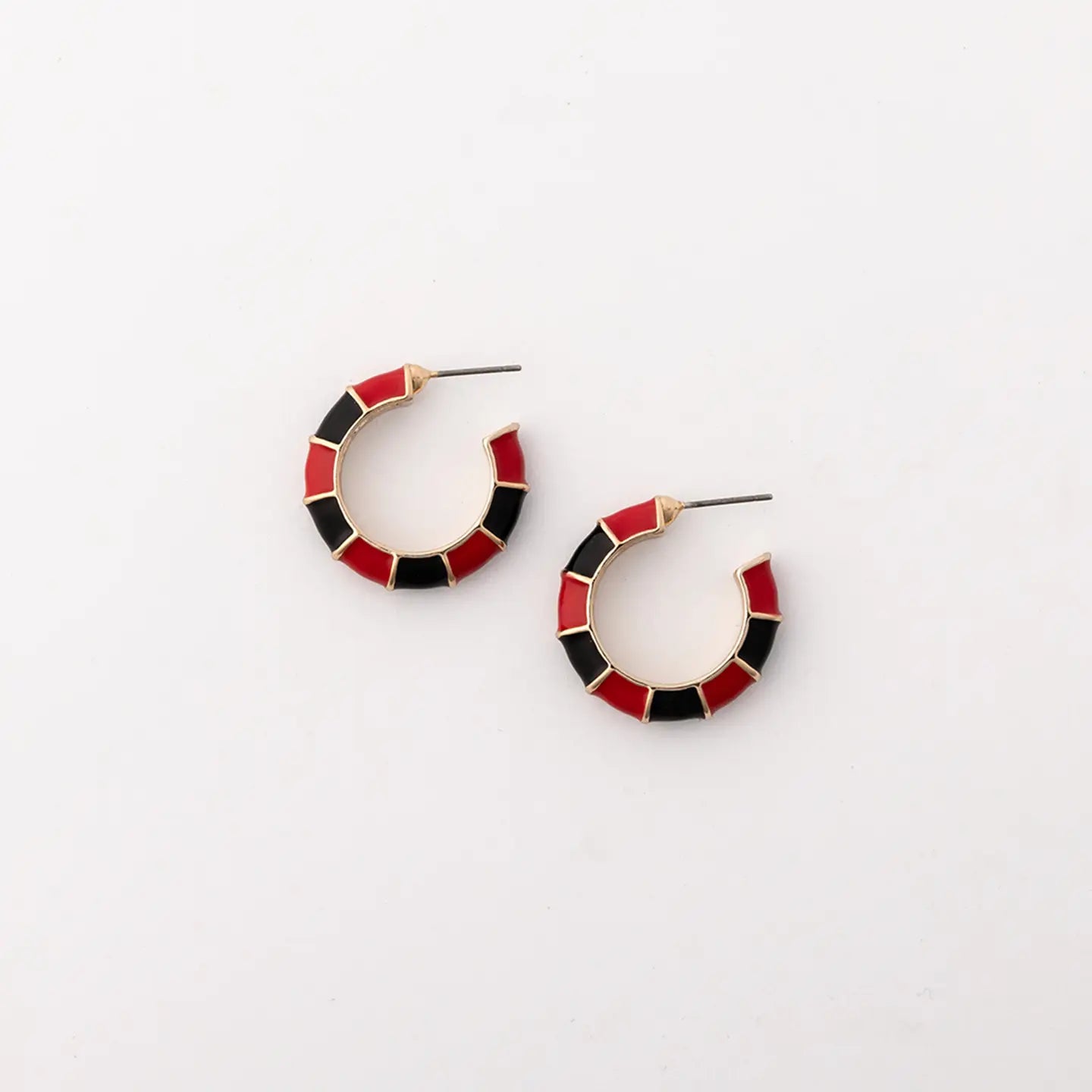 enamel tile mini hoops feature bold red and black segments trimmed in gold