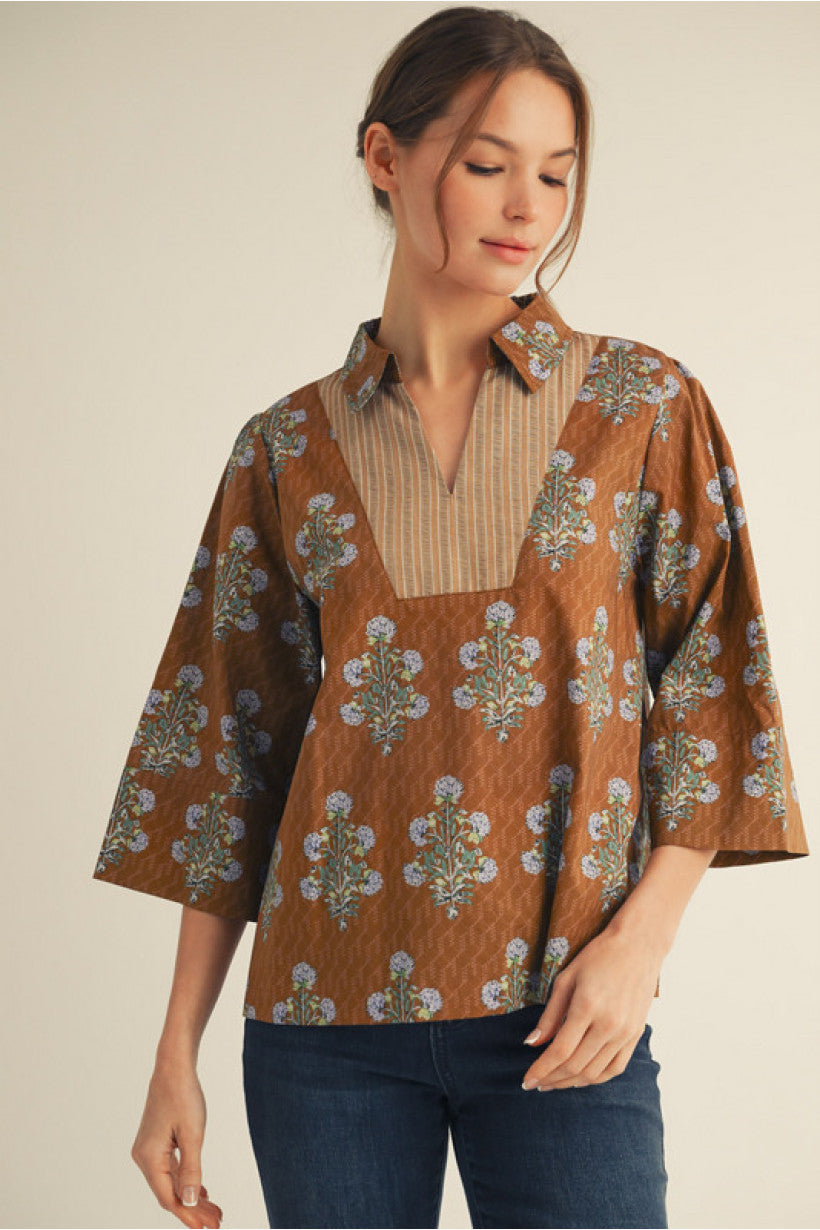 3/4 sleeve blouse with v neck mocha autumn colors