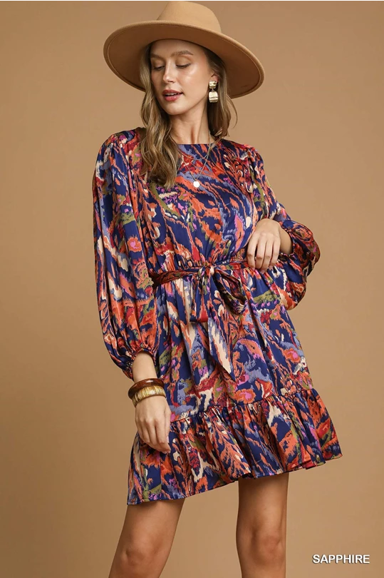 Long sleeve sapphire flowy tie dress