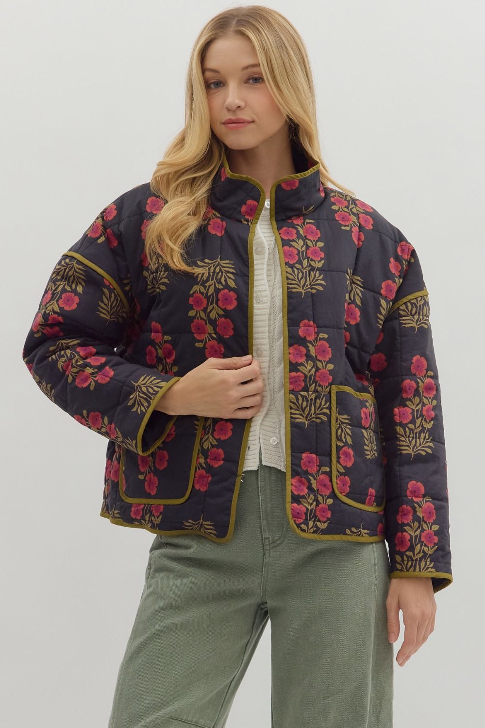 Black floral quilted puffer jacket