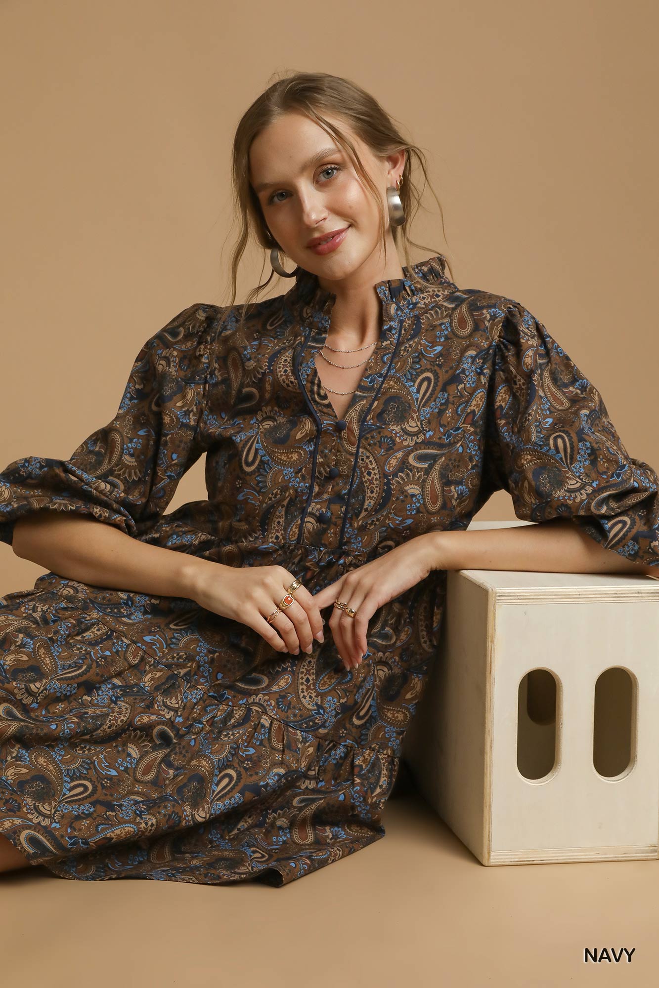 Navy paisley mix v neck 3/4 sleeve dress