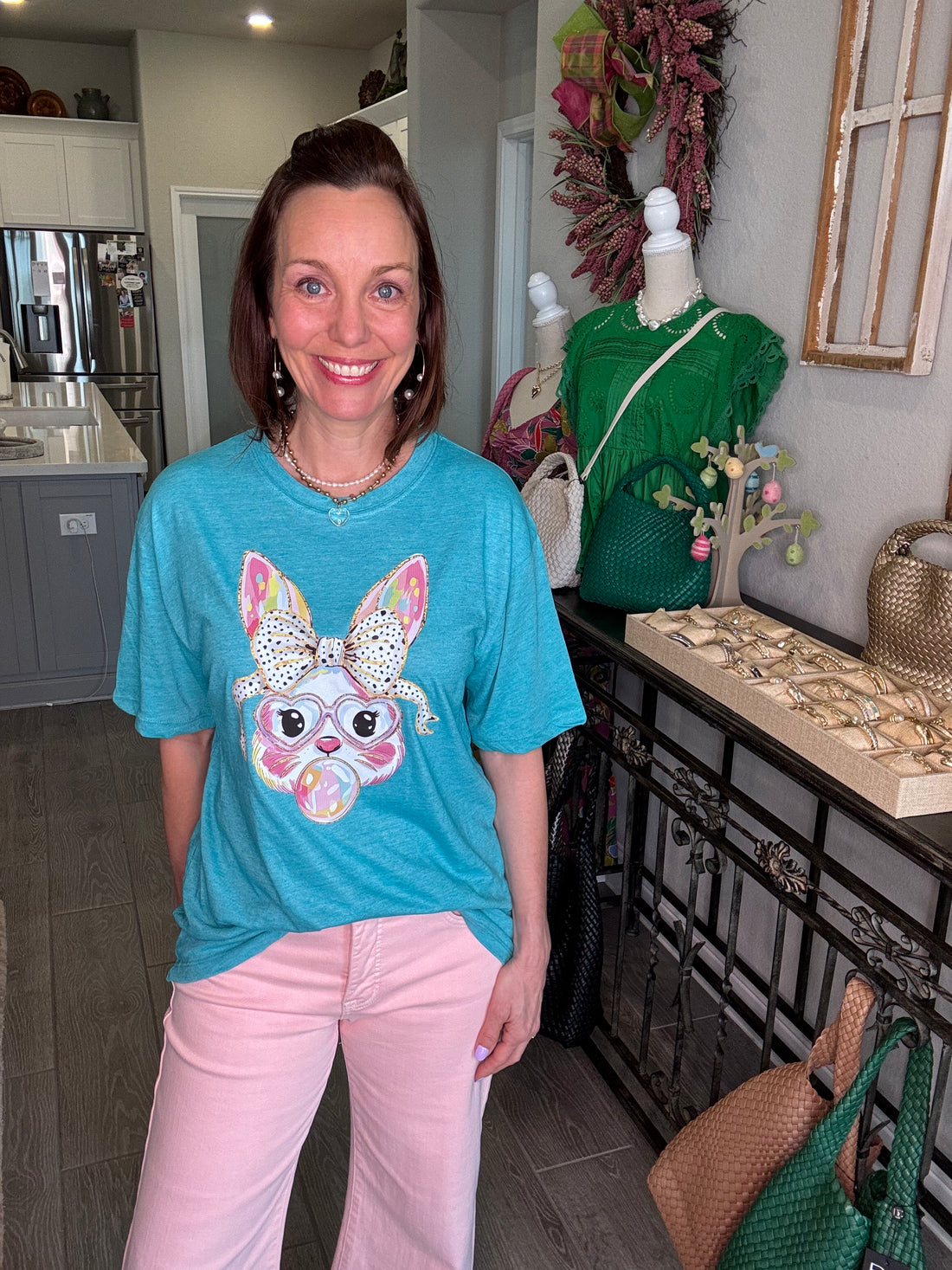 Blue Easter T-shirt, with bunny blowing bubble
