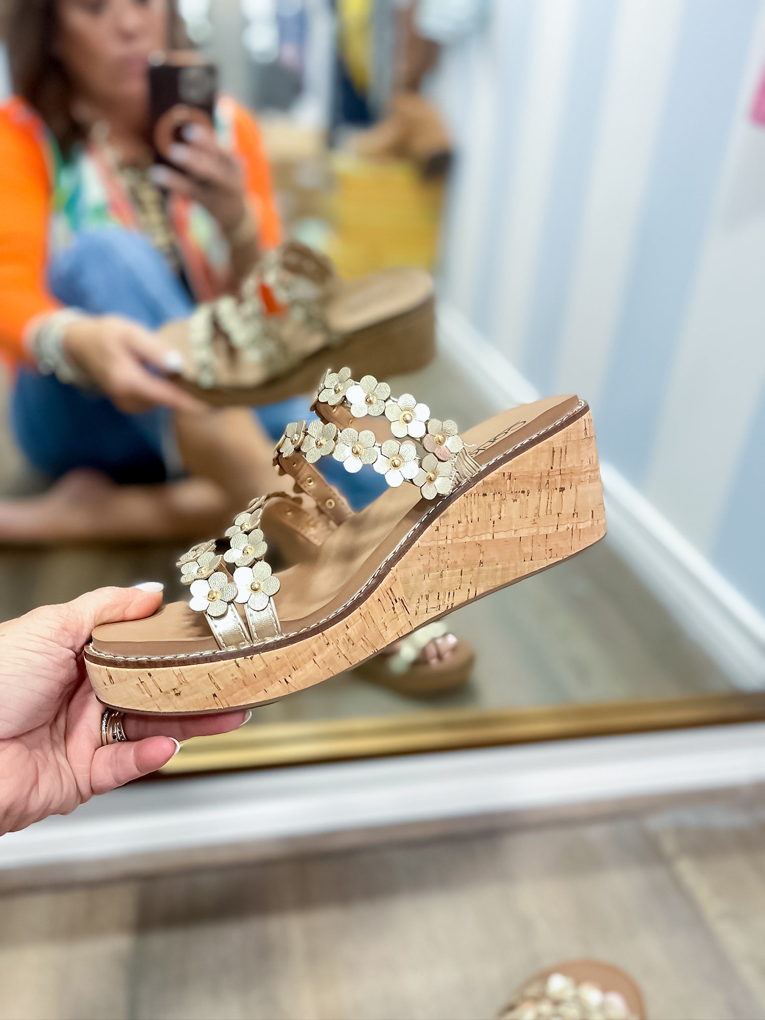 Let’s Be Friends Gold Floral Wedge Sandal Corkys