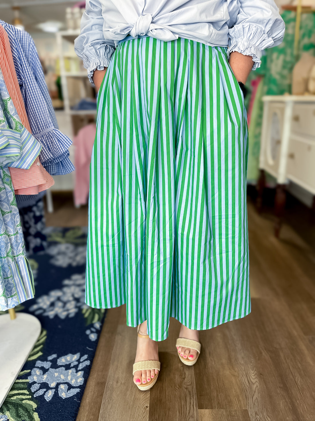 Springline Stripe Midi Skirt-Emerald Stripe Entro