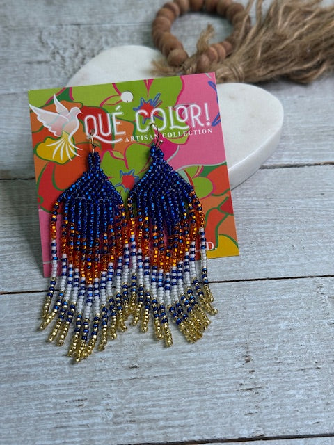 Que Color Blue, Orange and White Long Beaded Earrings Que Color