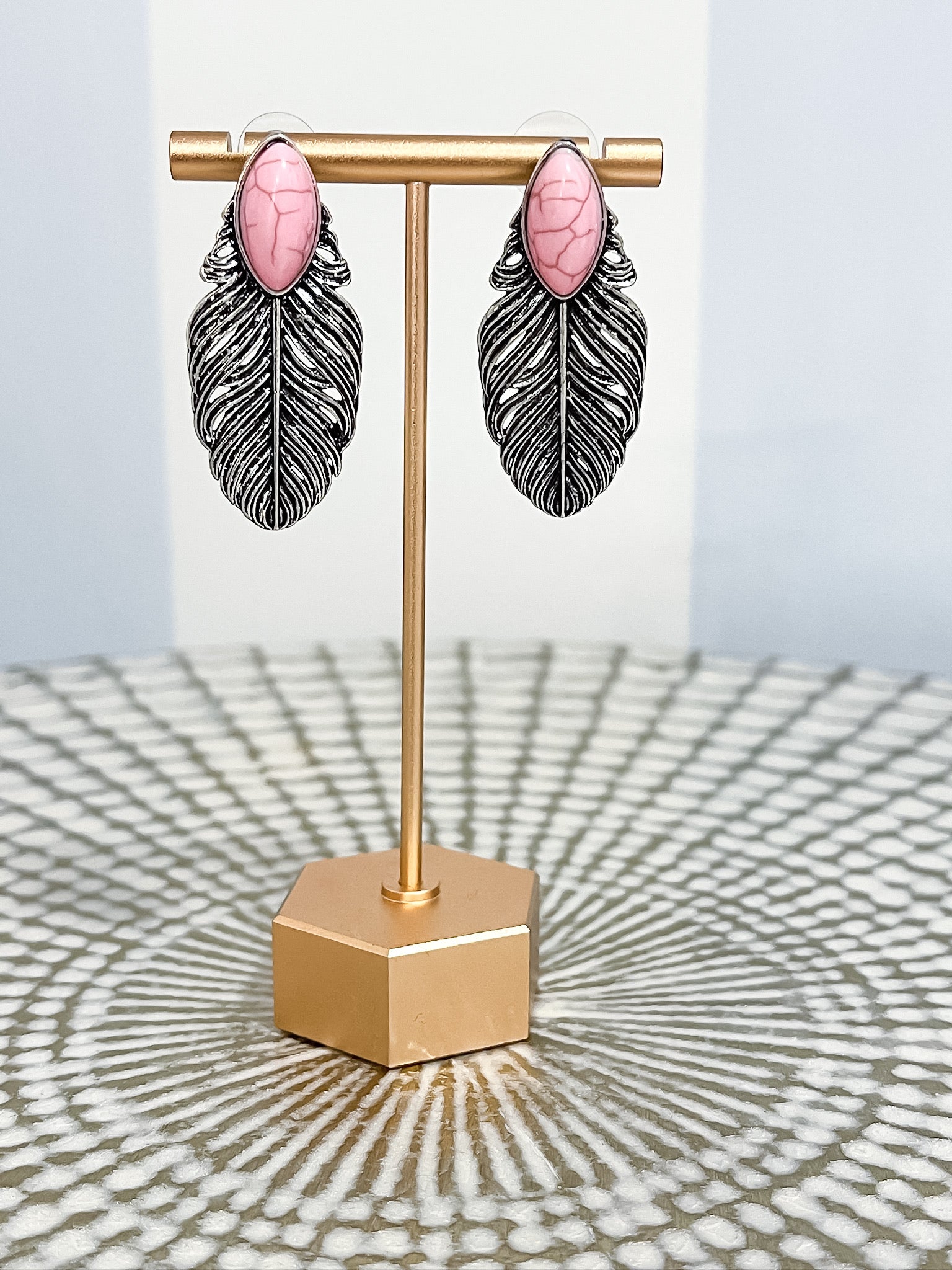 Pink Stone Feather Dangle Earrings SW Trading