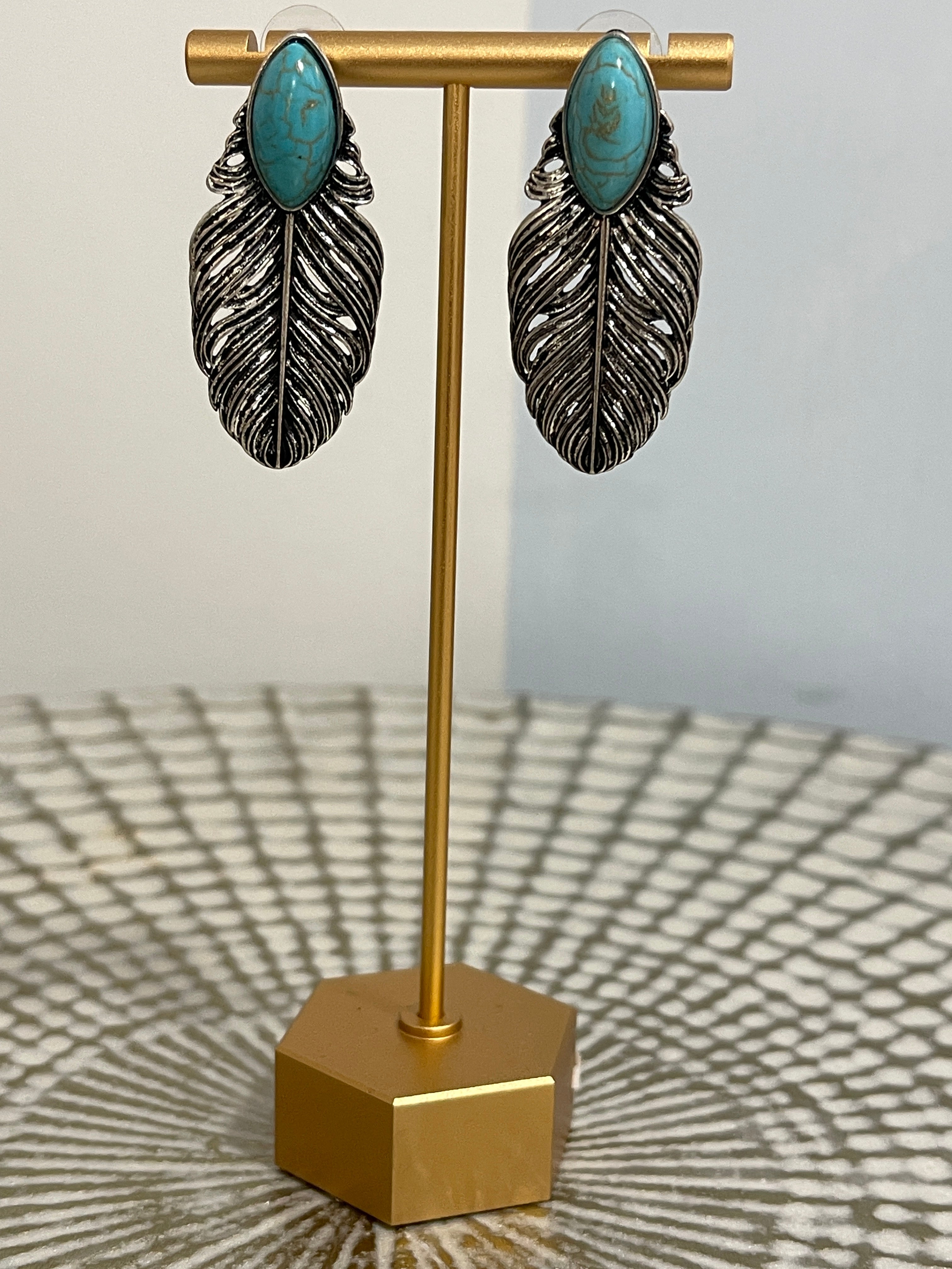 Blue Stone Feather Dangle Earrings SW Trading