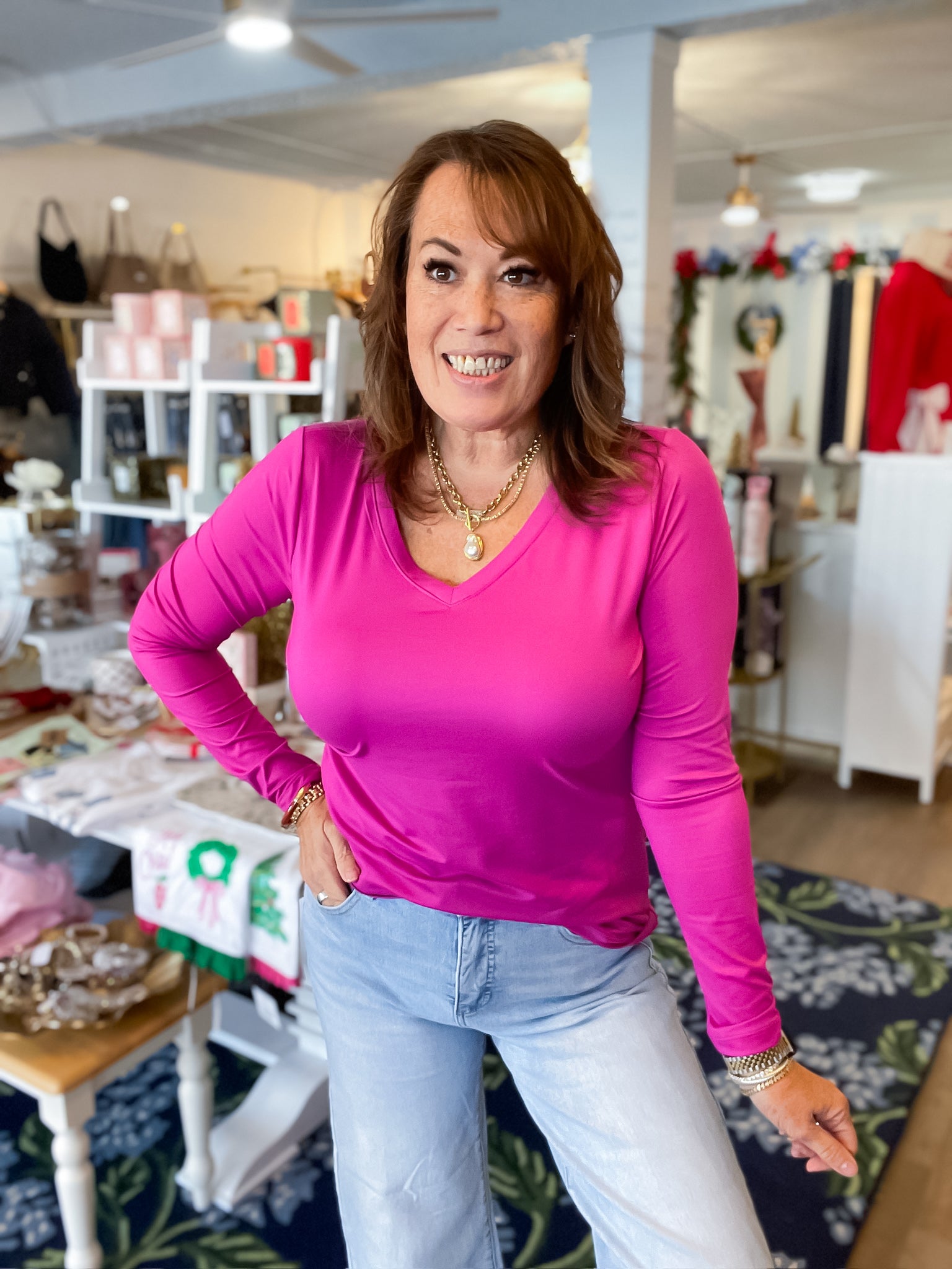 BlissSoft V-Neck Long Sleeve Tee — Magenta Threads of Grace