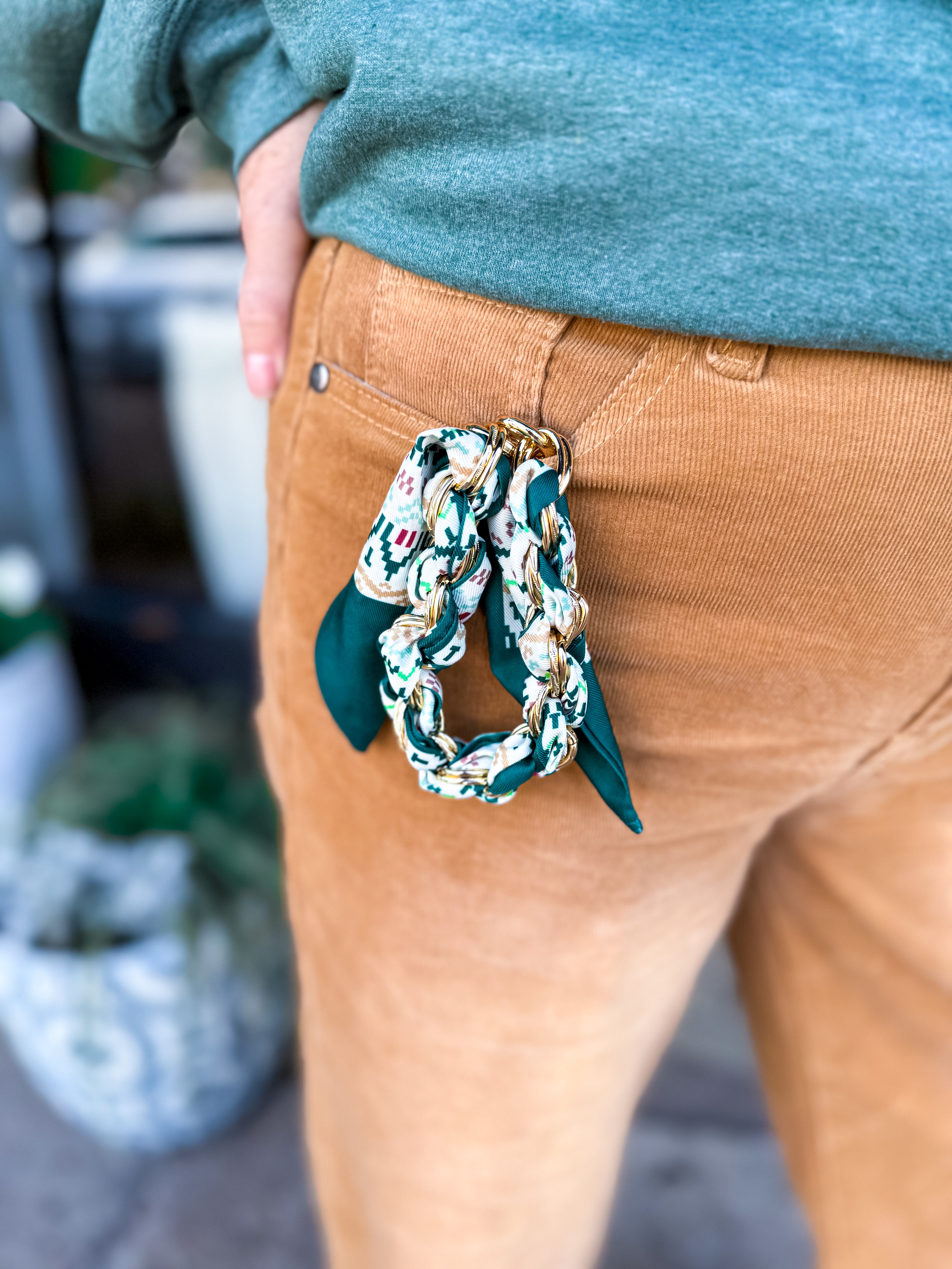 Gold Phone Chain with Scarf Green Houndstooth - Short DD Gemelli