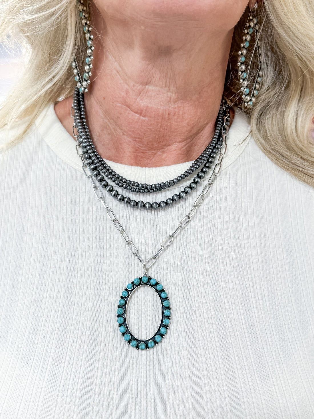 Layered Silver & Turquoise Pendant Necklace SW Trading