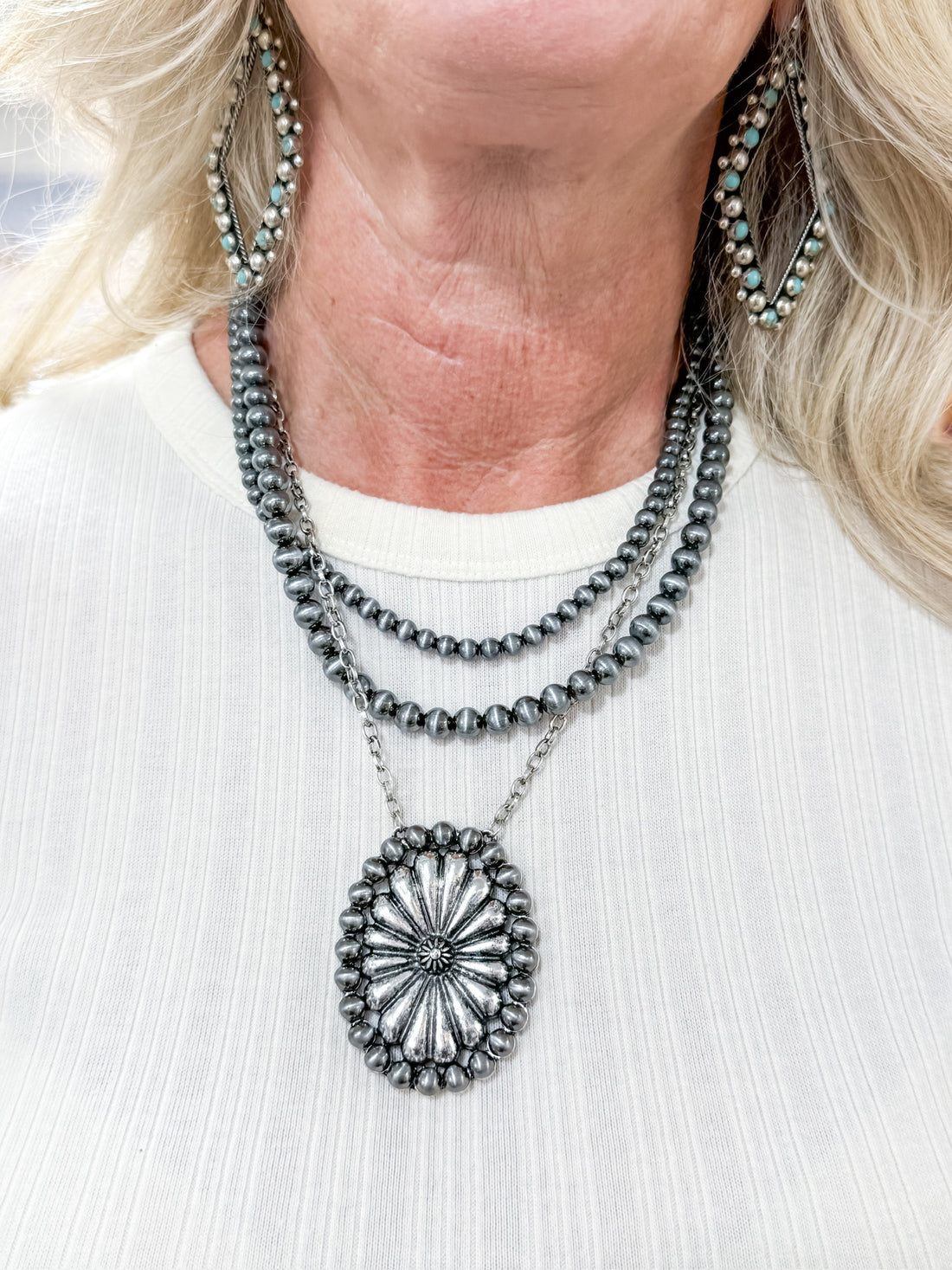 Layered Faux Bead Medallion Necklace SW Trading