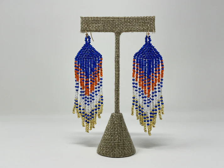 Que Color Blue, Orange and White Long Beaded Earrings