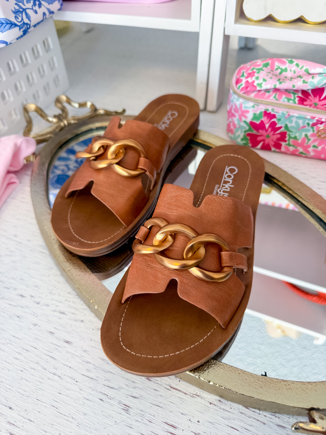 Chain Letter Sandal - Cognac Corkys