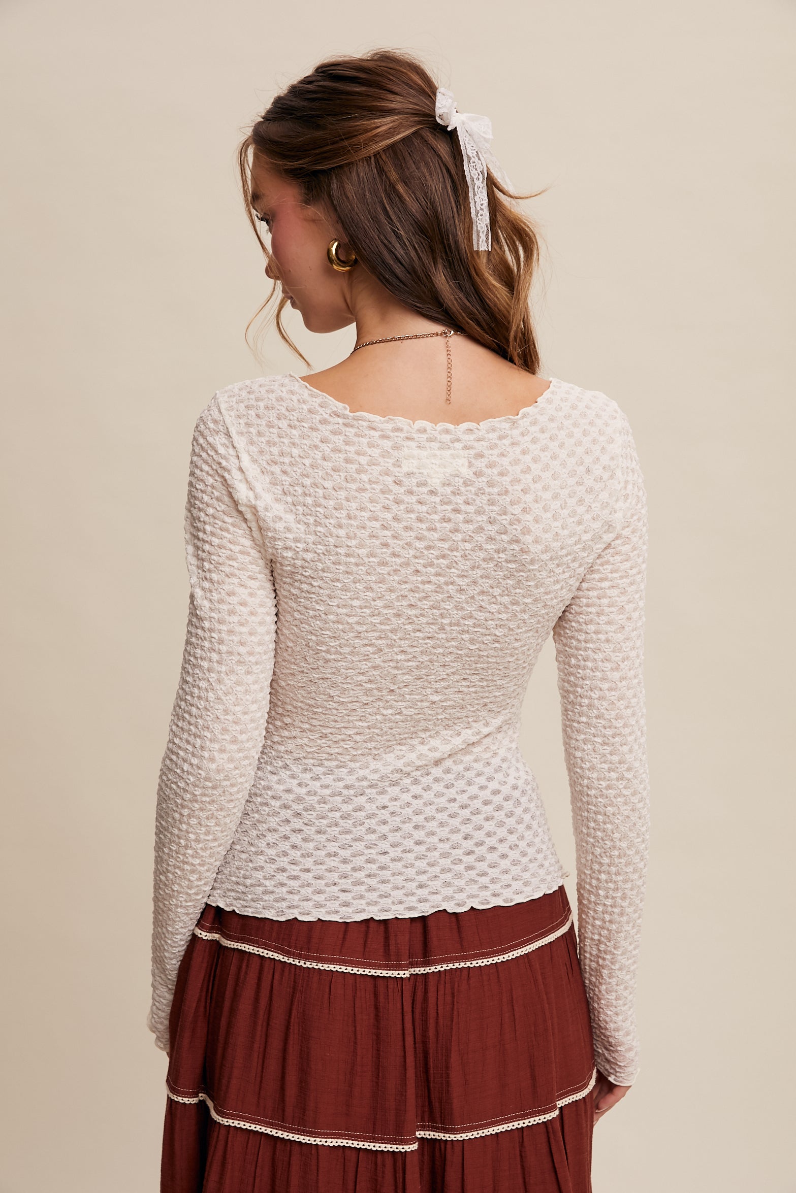 Textured Elegance Long Sleeve top-pink and cream listicle