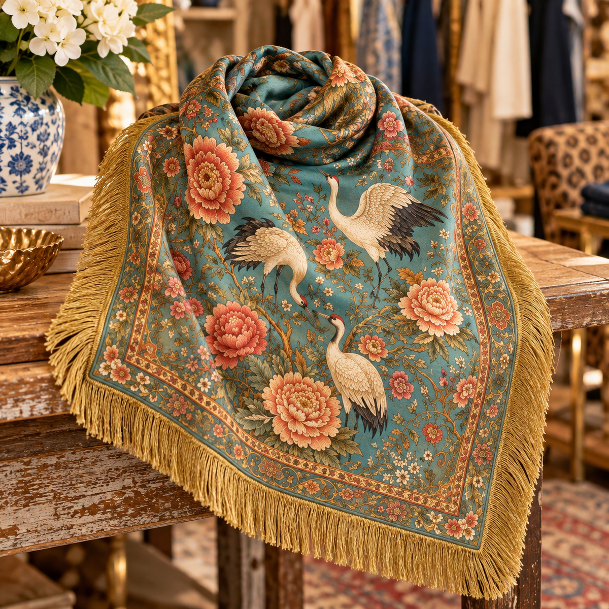 Vintage Crane & Floral Fringe Scarf Swan Madchen