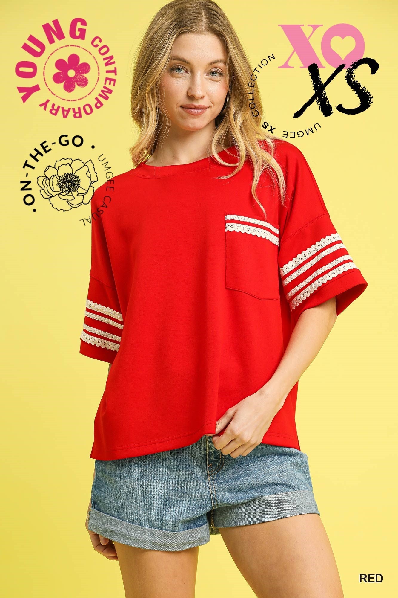 Red oversized Tee with half sleeves and ivory lace trim on sleeves and pocket.