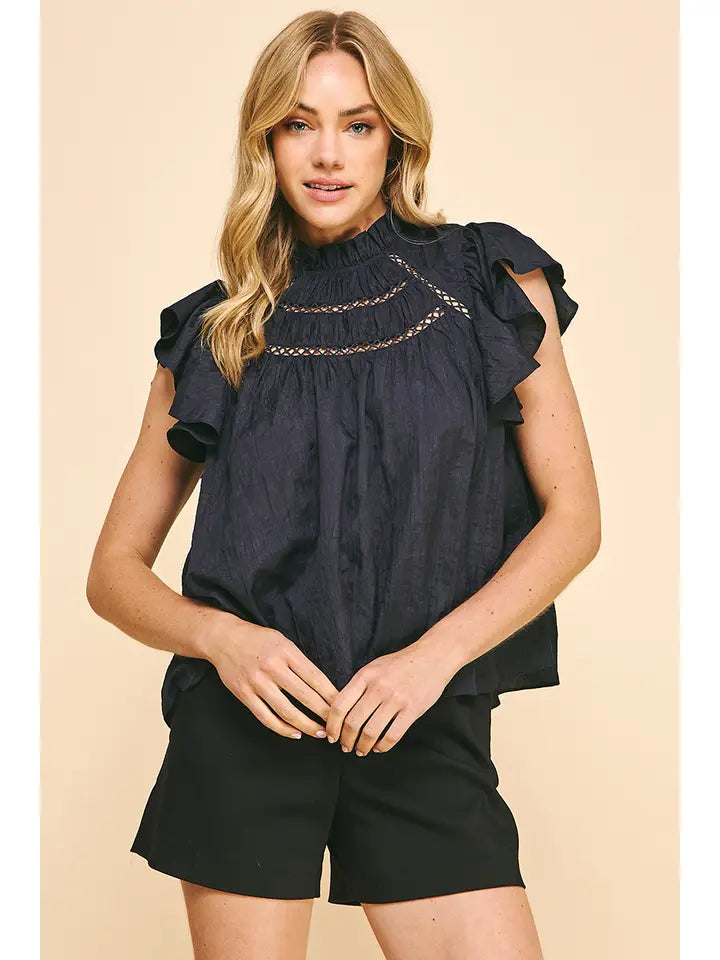 Paige Crinkled Woven Top - Deep Navy