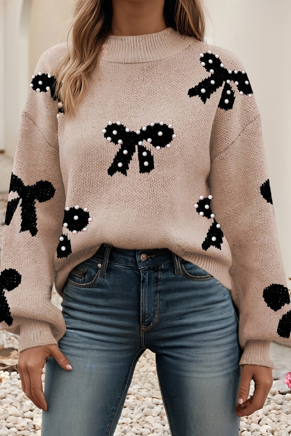LDC Pearl Embellished Bow Pattern Loose Sweater