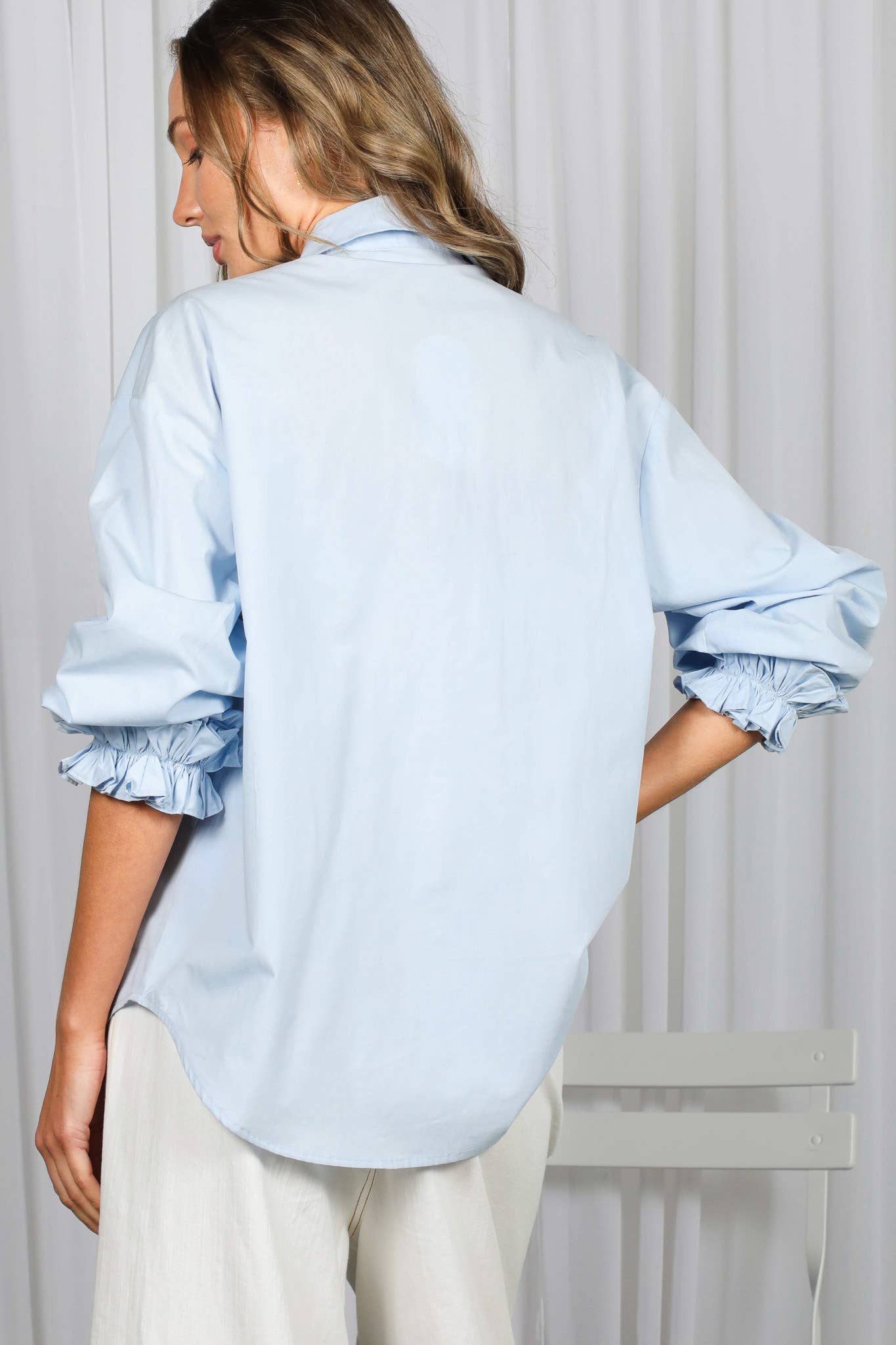 Ruffled Cuffs Accent Oversized 100%Cotton Shirt Top VT83256 Vine & Love