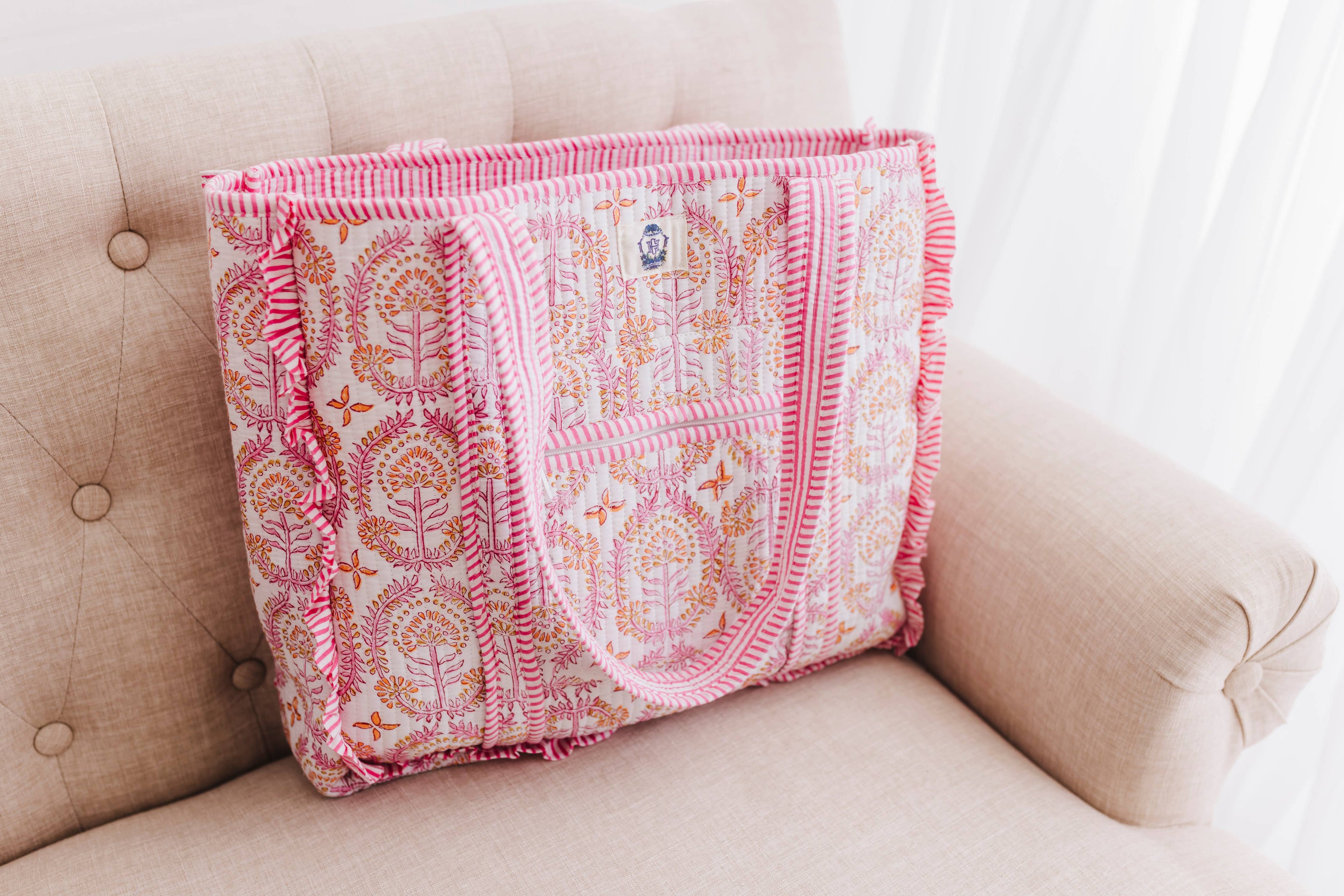 Pink large quilted ruffle tote bag