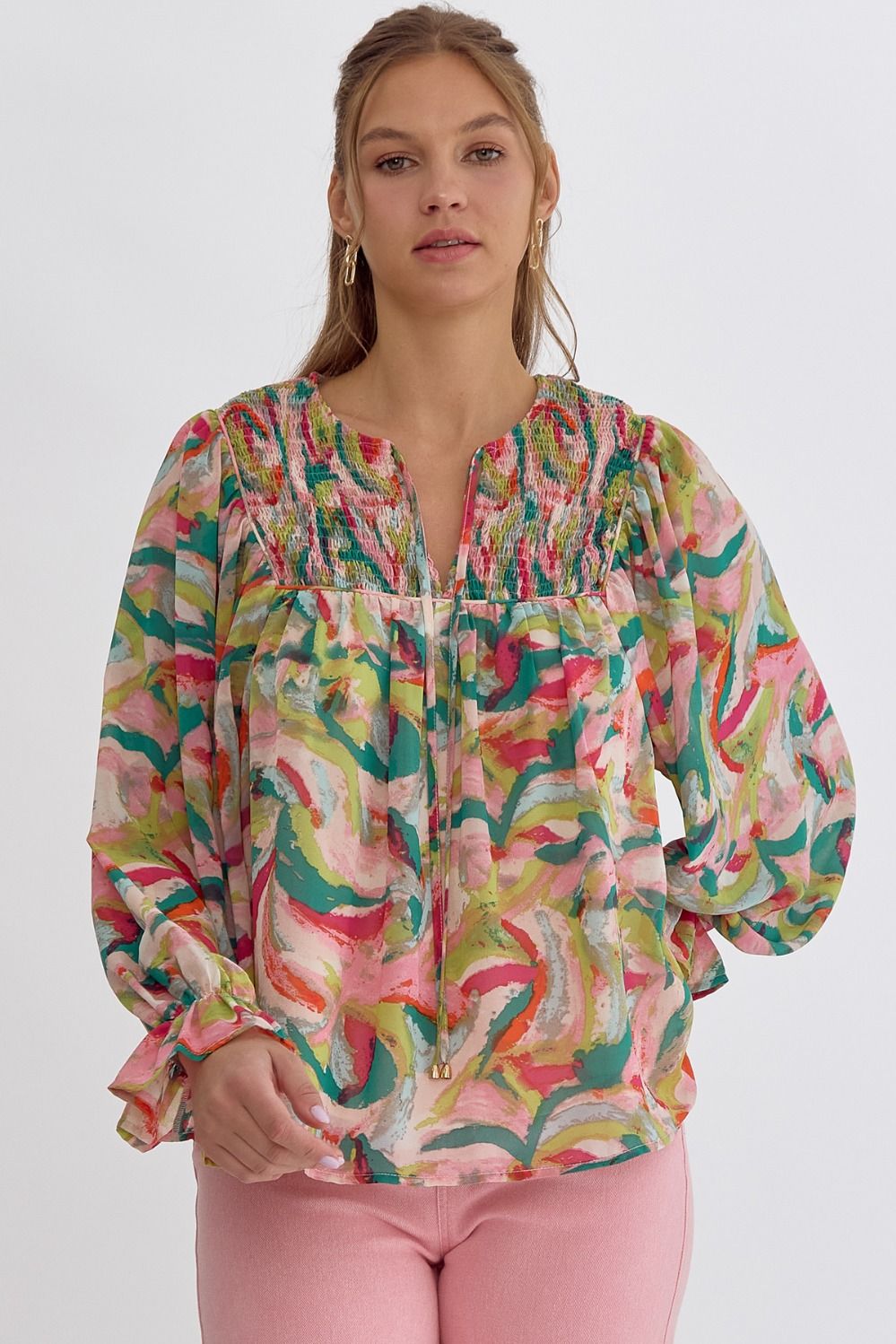 Pink-green v neck long sleeve top