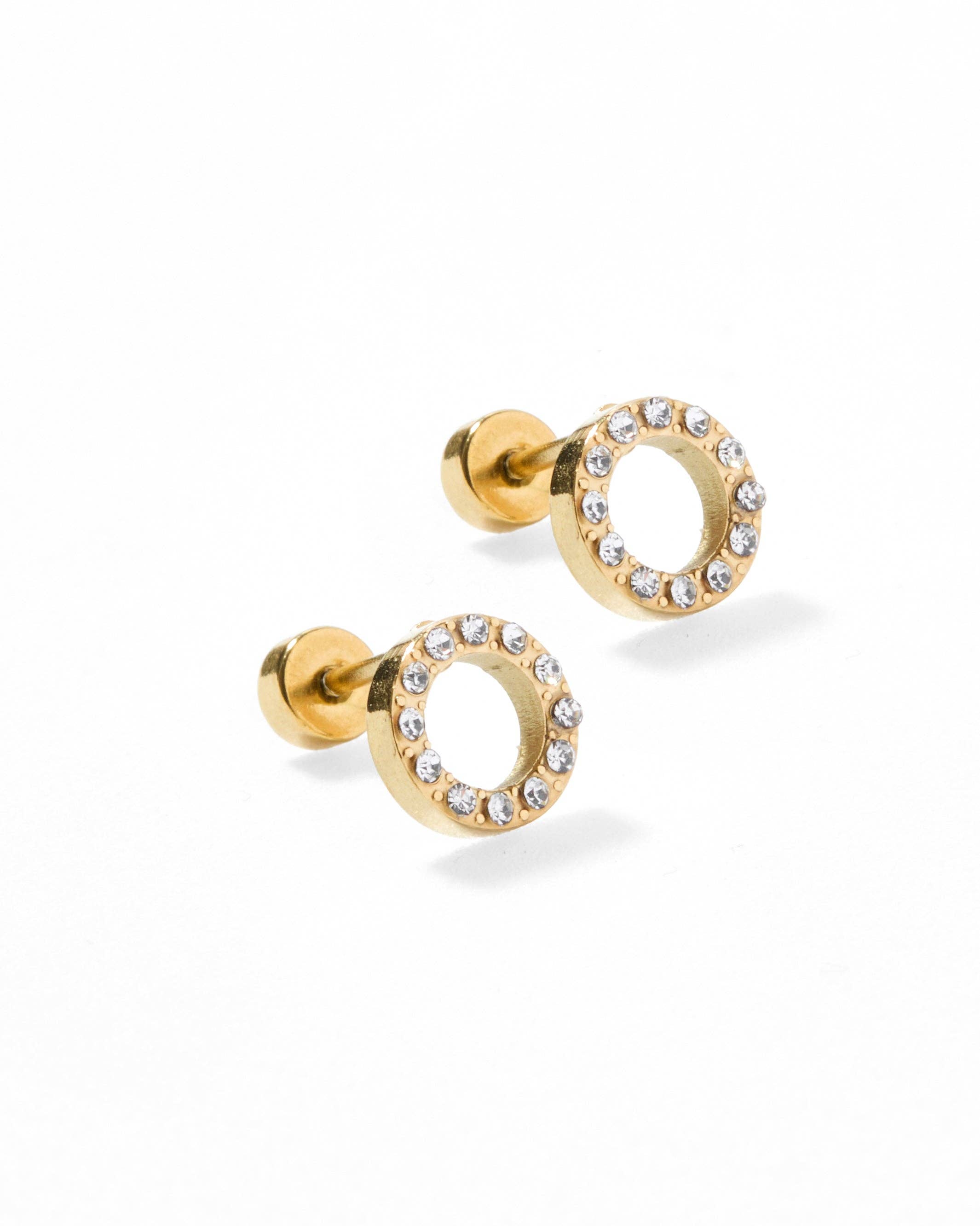 Gold sparkle open circle stud earrings