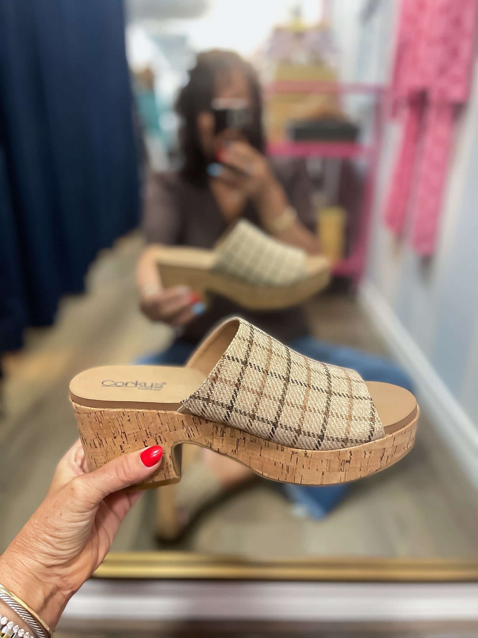 Totally Buggin Camel Plaid Wedges Corkys