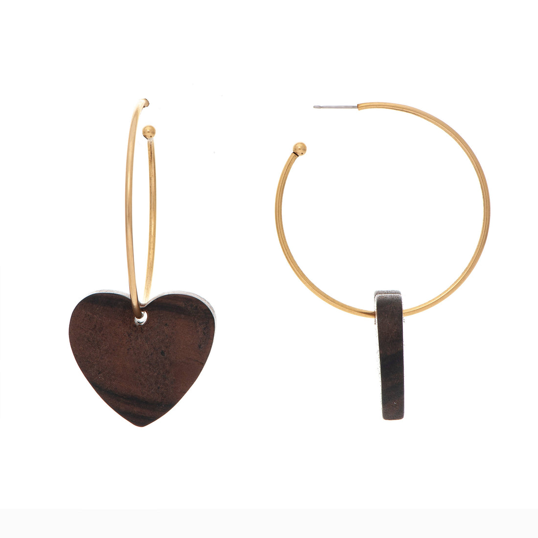 Gold hoop earrings with wooden heart 