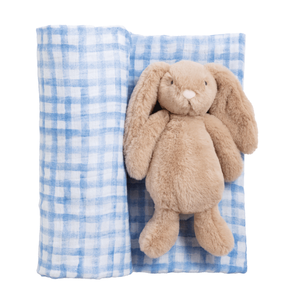 Blue Check Swaddle &amp; Bunny Rattle Set