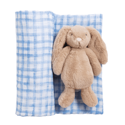 Blue Check Swaddle &amp; Bunny Rattle Set