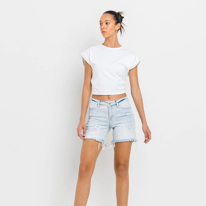 Mid Rise Distressed Stretch light denim Short