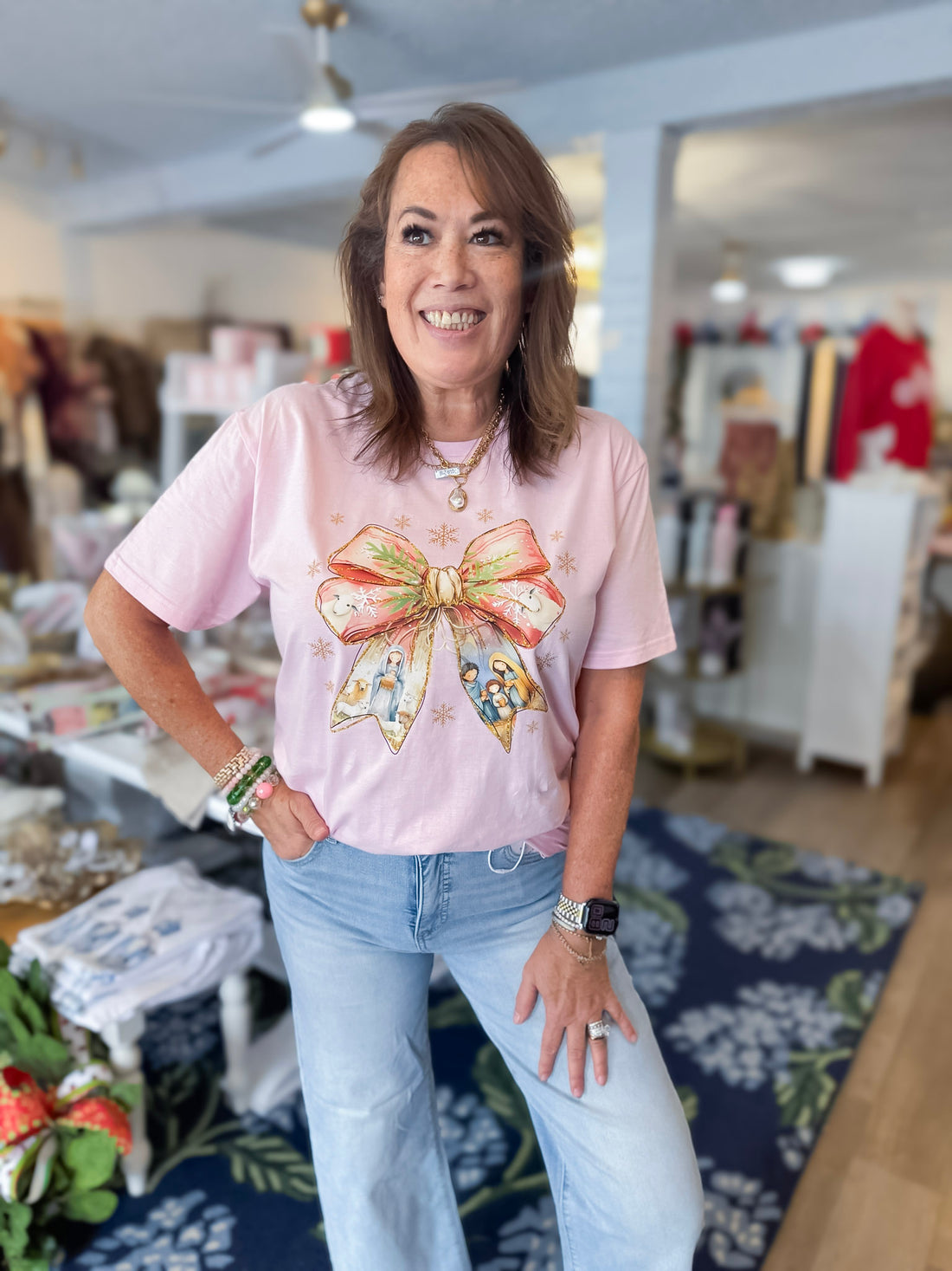 Nativity Blessing Bow Tee Threads of Grace