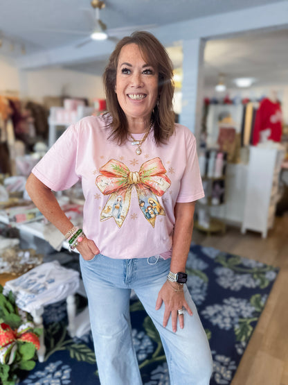 Nativity Blessing Bow Tee Threads of Grace