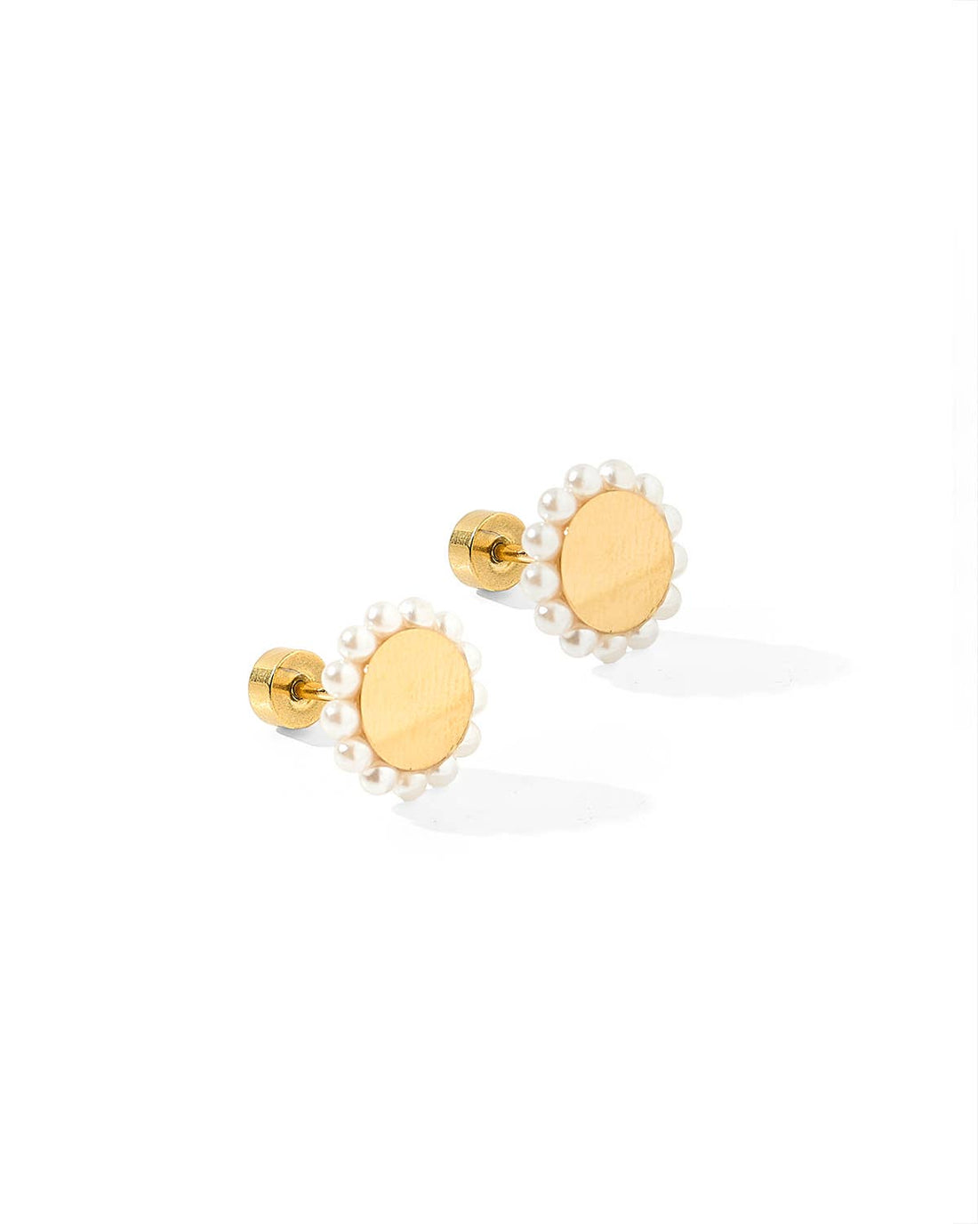 polished gold disc is beautifully accented with a delicate halo of pearls stud earrings 