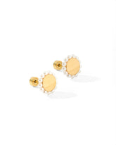 polished gold disc is beautifully accented with a delicate halo of pearls stud earrings 