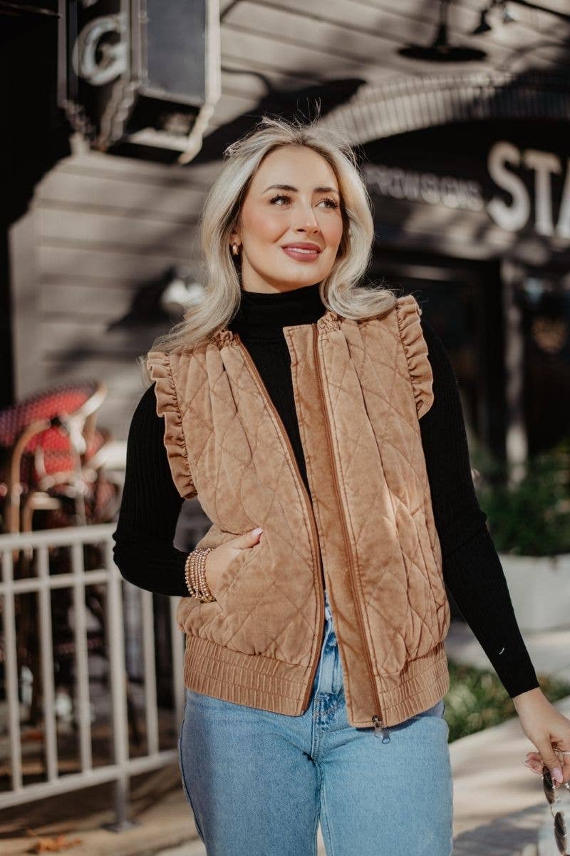 Garment Washed Quilted Ruffle Sleeve Vests